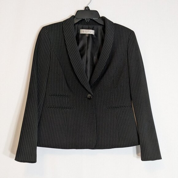 KASPER Black w White Pin Stripes, One-Button Short Blazer Jacket; Size 4P - Picture 1 of 4